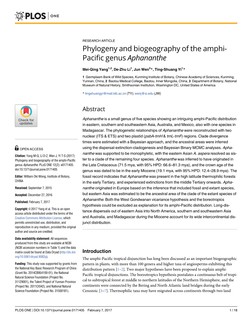 Phylogeny and Biogeography of the Amphi-Pacific Genus Aphananthe