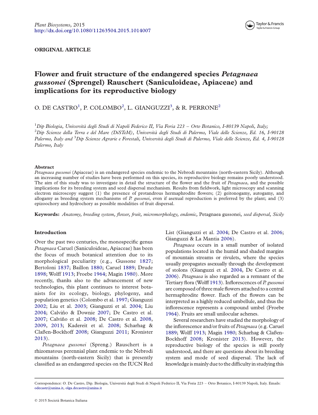 Flower and Fruit Structure of the Endangered Species Petagnaea Gussonei (Sprengel) Rauschert (Saniculoideae, Apiaceae) and Implications for Its Reproductive Biology