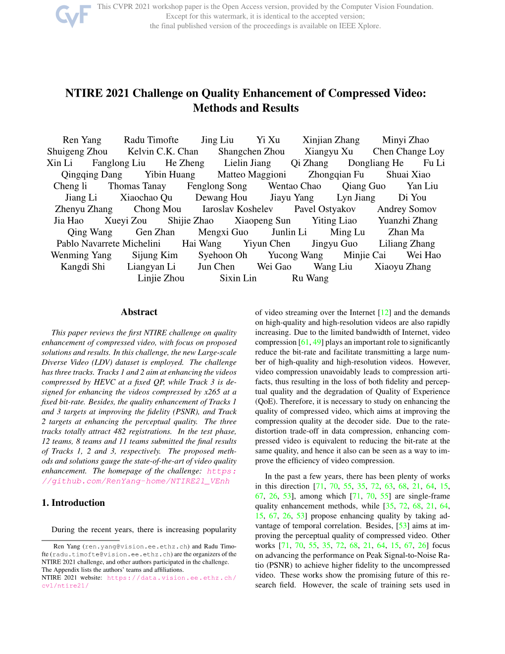 NTIRE 2021 Challenge on Quality Enhancement of Compressed Video: Methods and Results