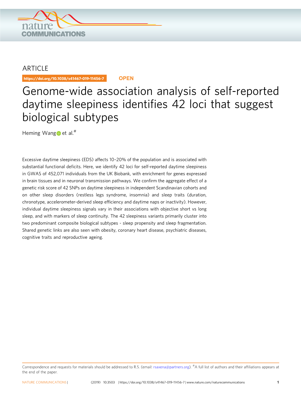 Genome-Wide Association Analysis of Self-Reported Daytime Sleepiness Identiﬁes 42 Loci That Suggest Biological Subtypes