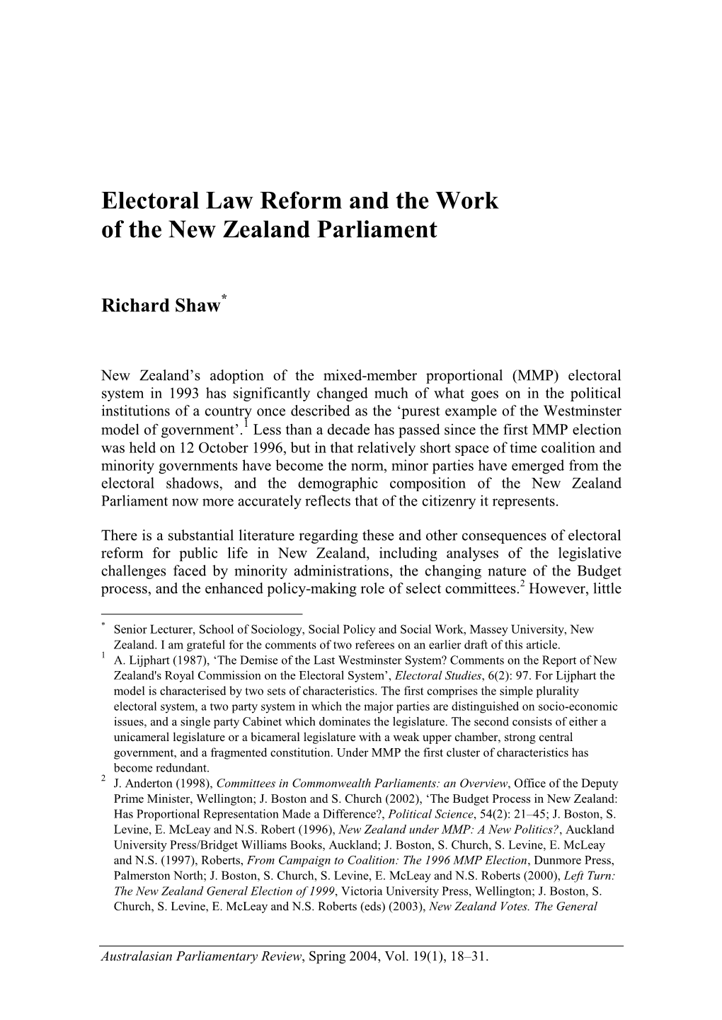 Electoral Law Reform and the Work of the New Zealand Parliament