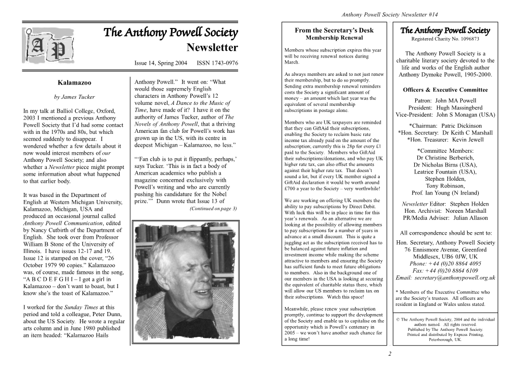 The Anthony Powell Society the Anthony Powell Society Membership Renewal Registered Charity No