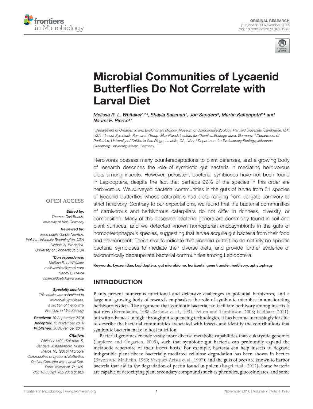 Microbial Communities of Lycaenid Butterflies Do Not Correlate With