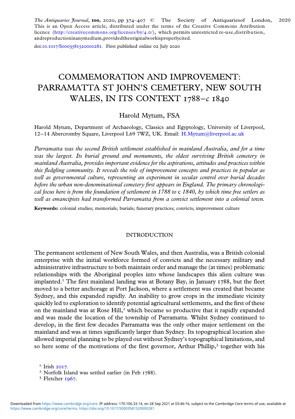 COMMEMORATION and IMPROVEMENT: PARRAMATTA ST JOHN's CEMETERY, NEW SOUTH WALES, in ITS CONTEXT 1788-C 1840