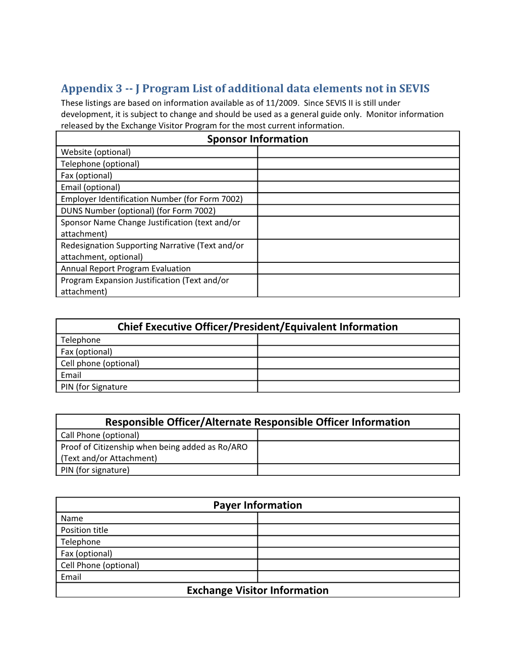 Appendix 3 J Program List of Additional Data Elements Not in SEVIS