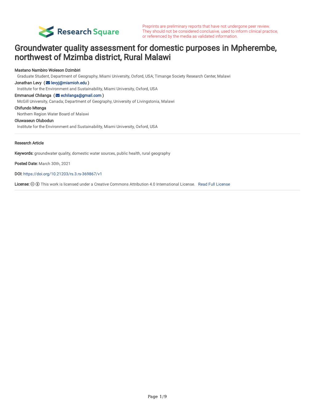 Groundwater Quality Assessment for Domestic Purposes in Mpherembe, Northwest of Mzimba District, Rural Malawi