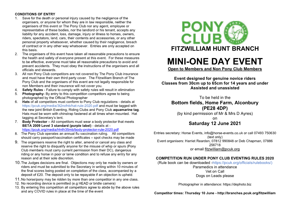 MINI-ONE DAY EVENT Officials and Stewards