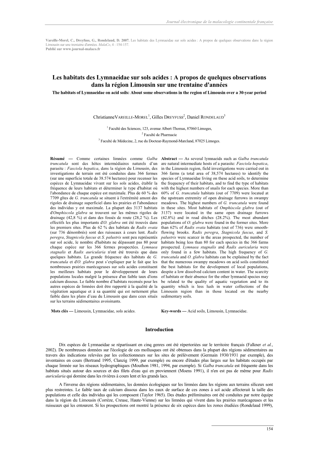 Les Habitats Des Lymnaeidae Sur Sols Acides : a Propos De Quelques Observations Dans La Région Limousin Sur Une Trentaine D'années