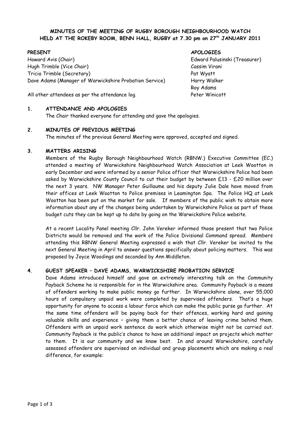 Minutes of the Meeting of Rugby Borough Neighbourhood Watch