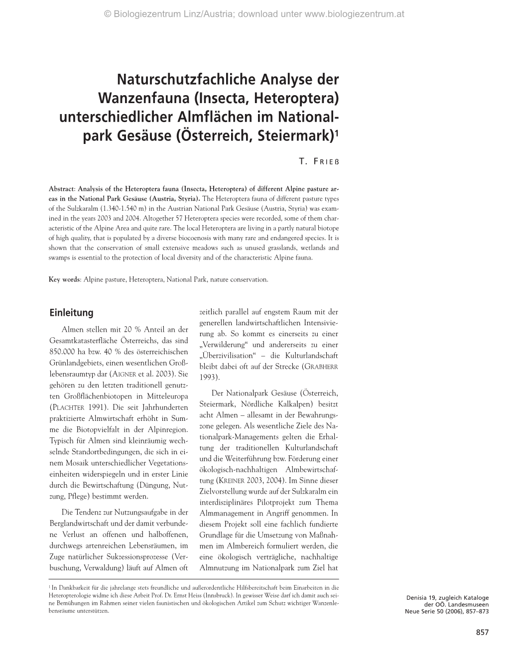 Naturschutzfachliche Analyse Der Wanzenfauna (Insecta, Heteroptera) Unterschiedlicher Almflächen Im National- Park Gesäuse (Österreich, Steiermark)1
