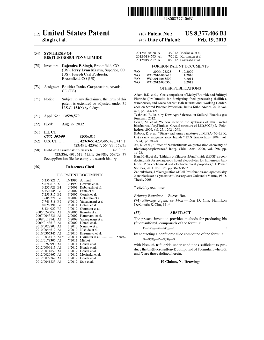 (12) United States Patent (10) Patent No.: US 8,377,406 B1 Singh Et Al
