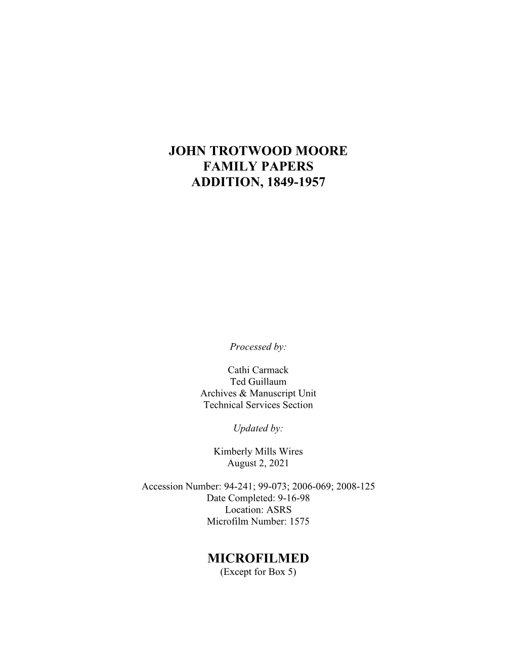Moore, John Trotwood Papers
