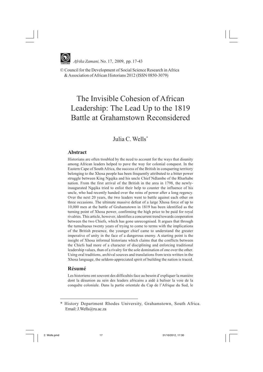 The Invisible Cohesion of African Leadership: the Lead up to the 1819 Battle at Grahamstown Reconsidered