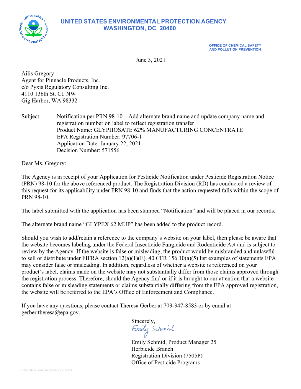 US EPA, Pesticide Product Label, GLYPHOSATE 62% MANUFACTURING CONCENTRATE,06/03/2021