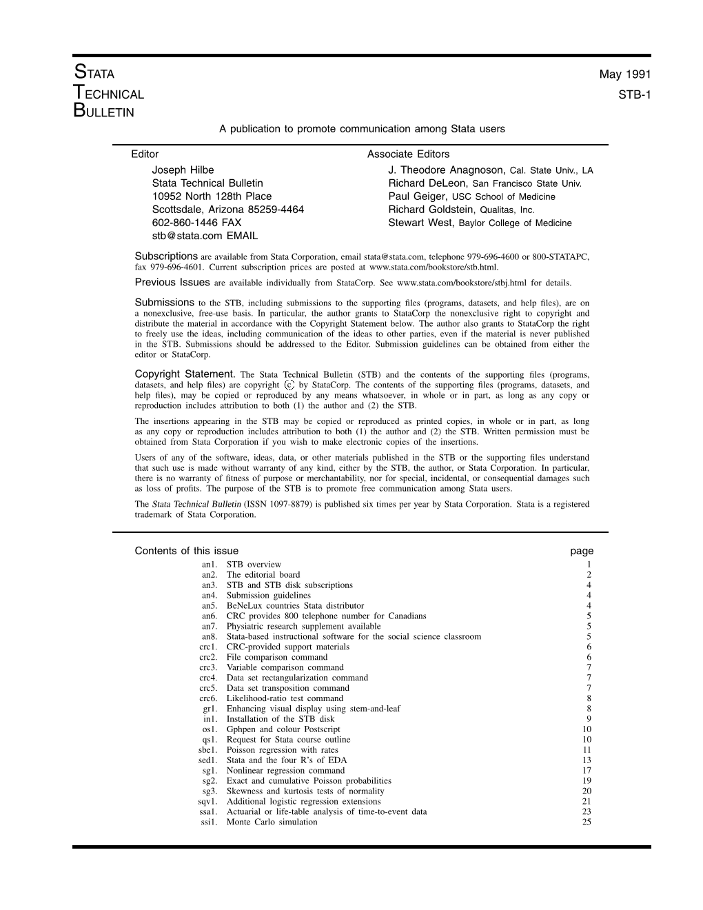 STATA May 1991 TECHNICAL STB-1 BULLETIN a Publication to Promote Communication Among Stata Users