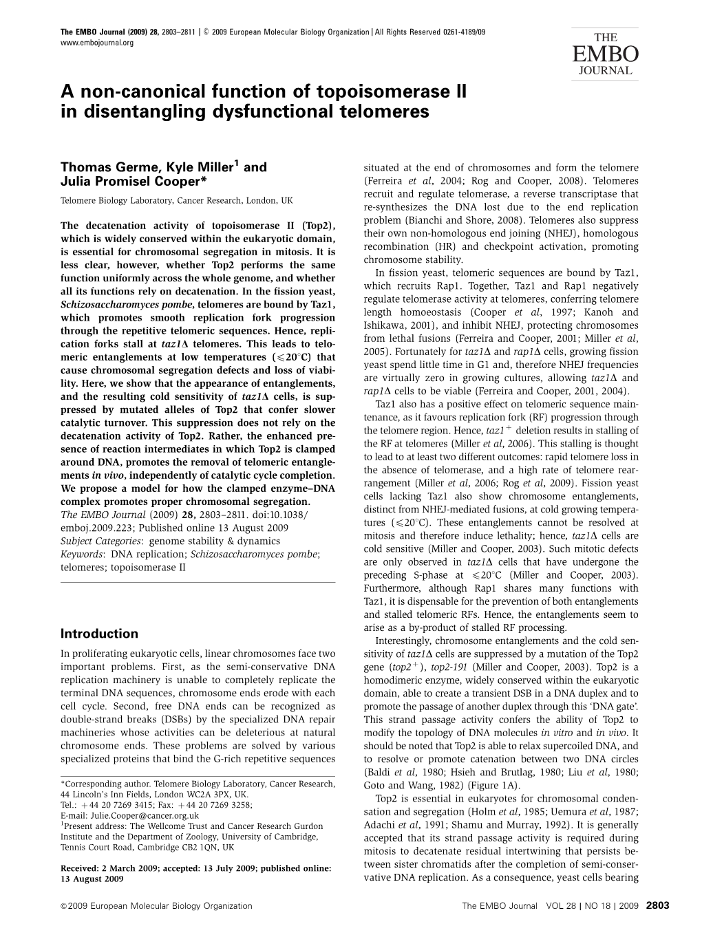 A Non-Canonical Function of Topoisomerase II in Disentangling Dysfunctional Telomeres