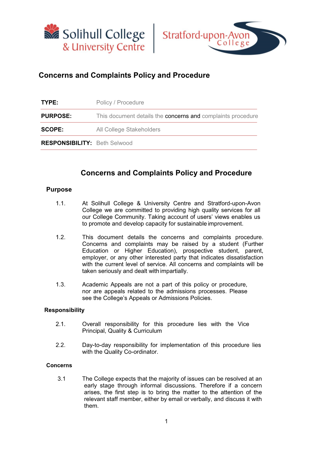 Concerns and Complaints Policy and Procedure