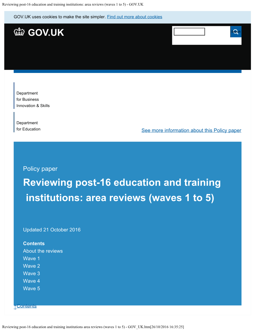 Reviewing Post-16 Education and Training Institutions: Area Reviews (Waves 1 to 5) - GOV.UK