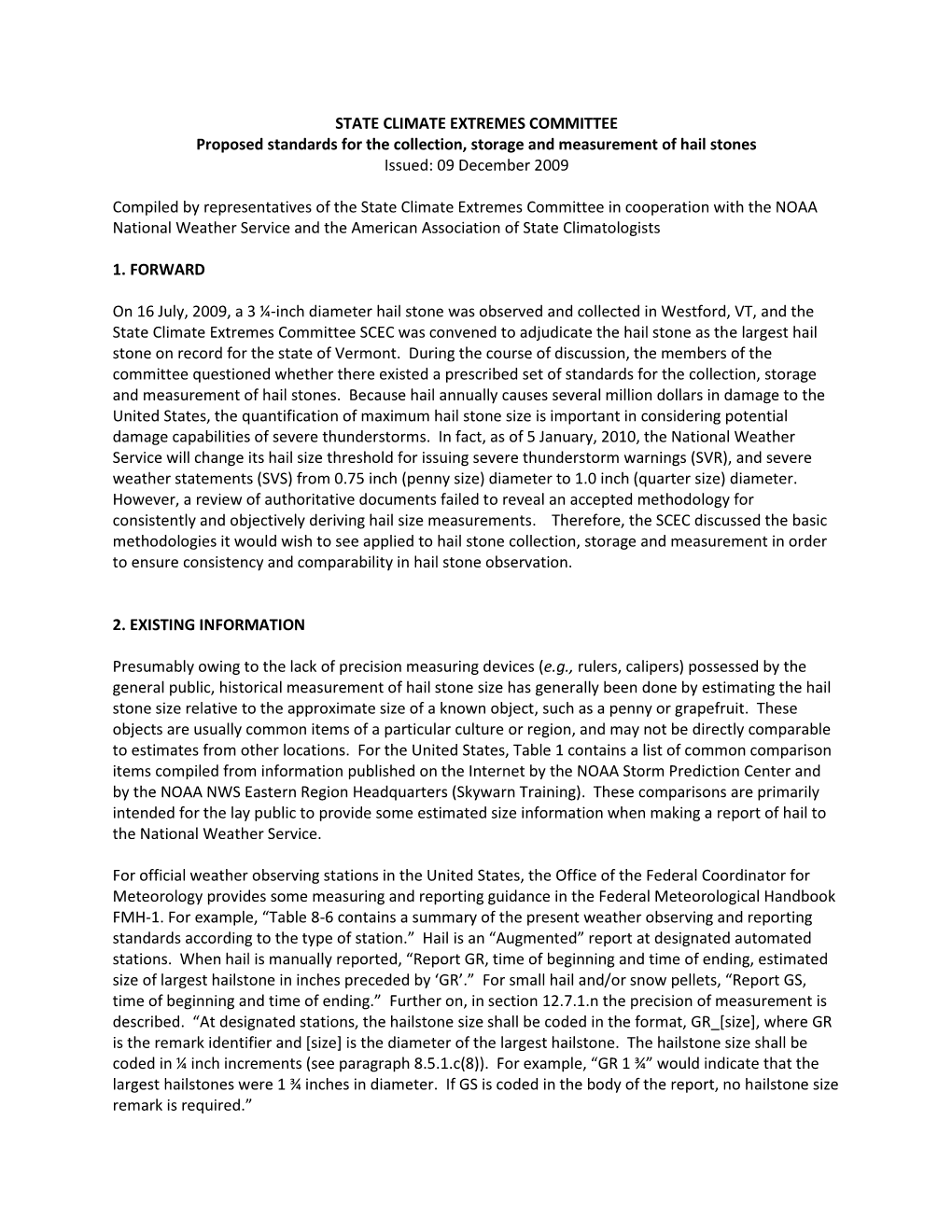 Hail Standards for the State Climate Extremes Committee