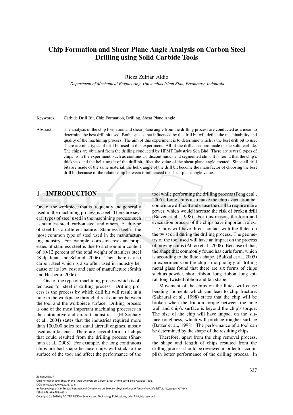 Chip Formation and Shear Plane Angle Analysis on Carbon Steel Drilling Using Solid Carbide Tools