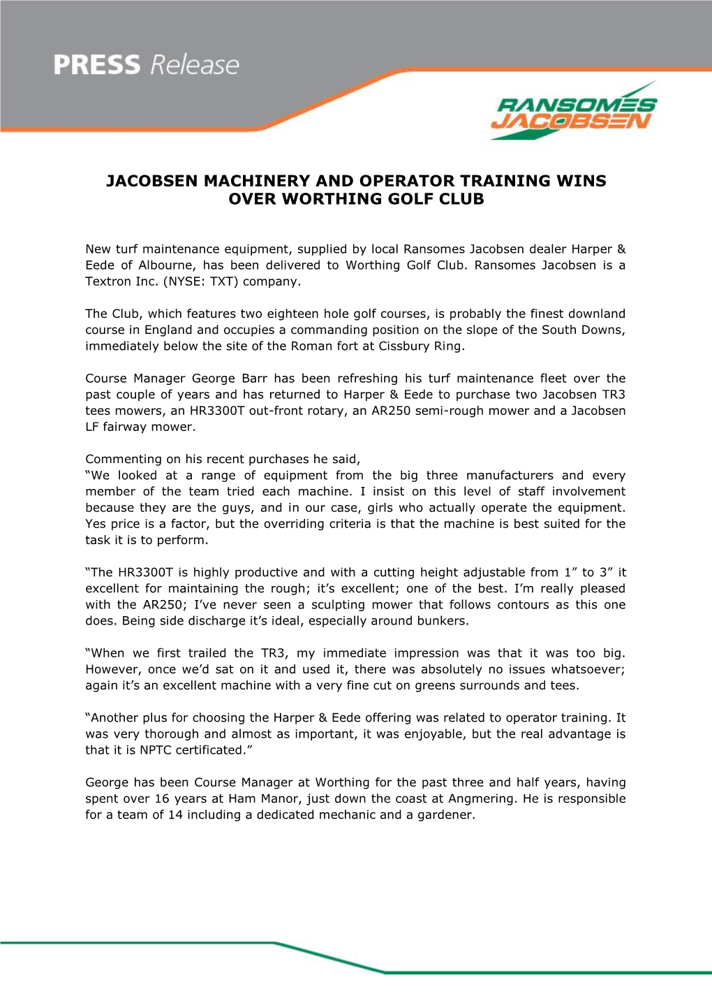 Jacobsen Machinery and Operator Training Wins Over Worthing Golf Club