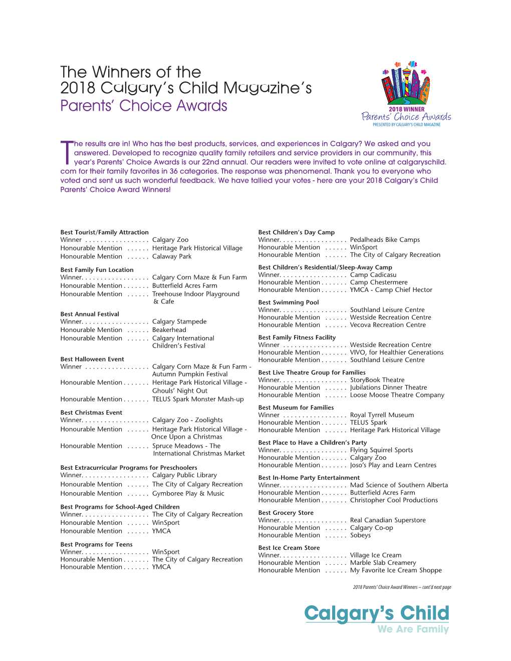 The Winners of the 2018 Calgary's Child Magazine's Parents' Choice