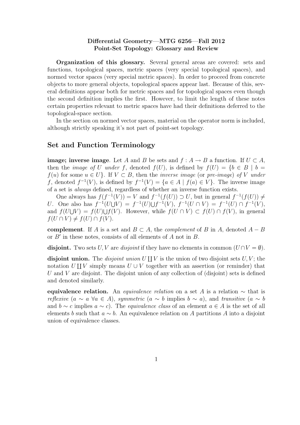 Point-Set Topology: Glossary and Review