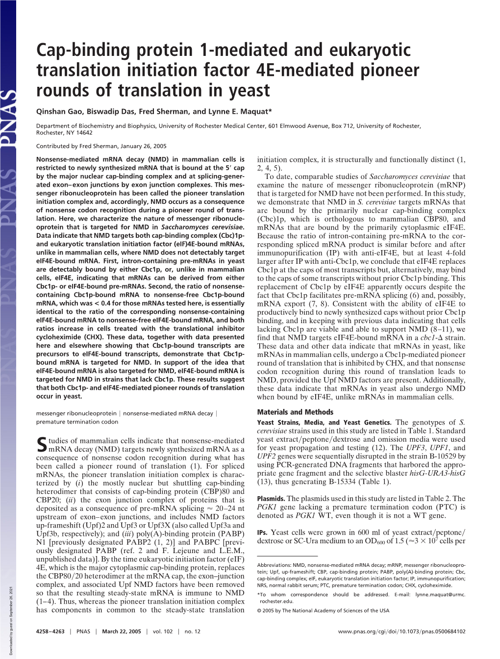 Cap-Binding Protein 1-Mediated and Eukaryotic Translation Initiation Factor 4E-Mediated Pioneer Rounds of Translation in Yeast