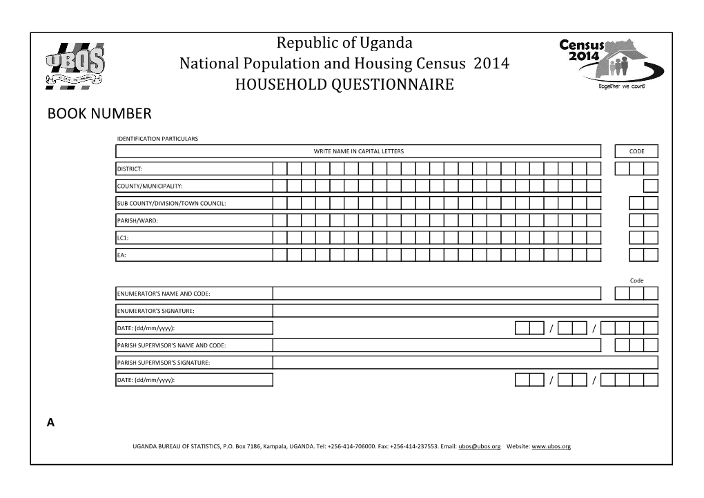 BOOK NUMBER Republic of Uganda National Population and Housing