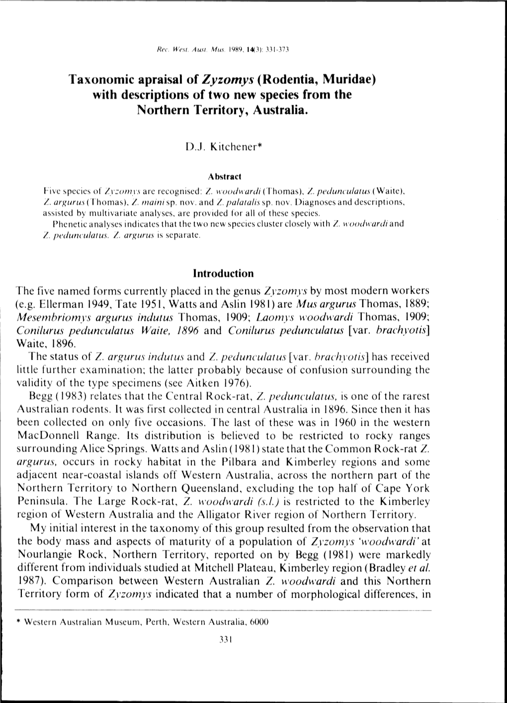 Taxonomic Apraisal of Zyzomys (Rodentia, Muridae) with Descriptions of Two New Species from the Northern Territory, Australia