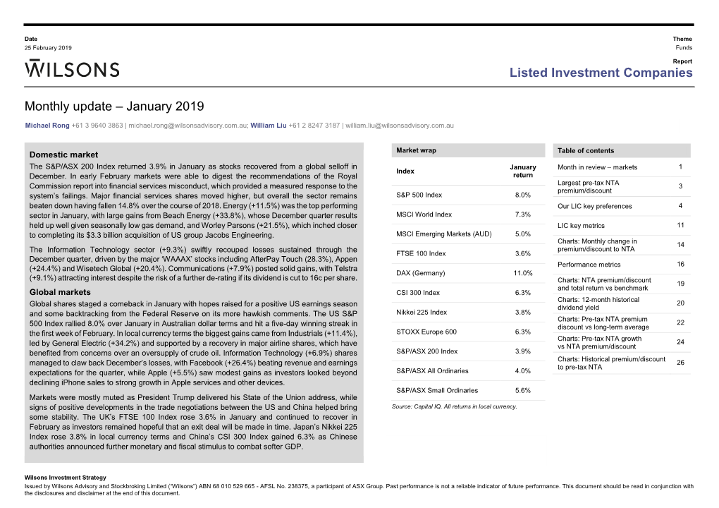 Listed Investment Companies Monthly Update – January 2019