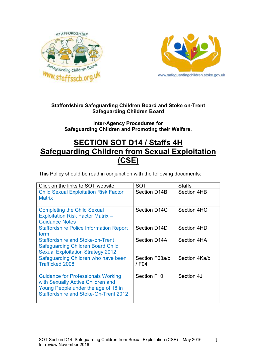 SECTION SOT D14 / Staffs 4H Safeguarding Children from Sexual Exploitation (CSE)