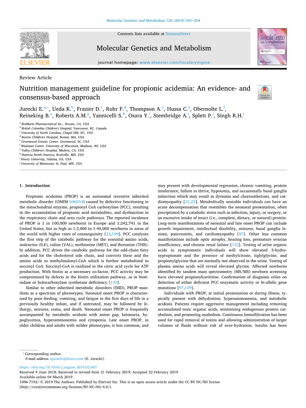 Nutrition Management Guideline for Propionic Acidemia an Evidence