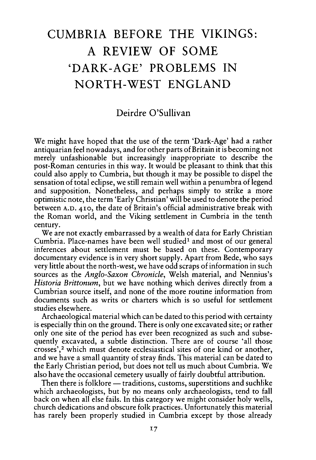 Cumbria Before the Vikings: a Review of Some 'Dark-Age' Problems in North-West England