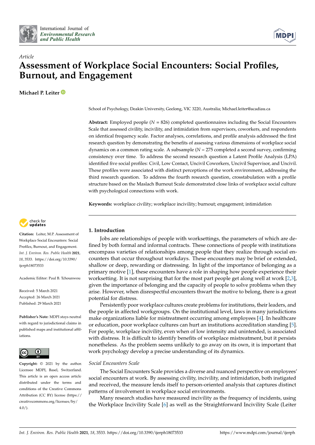 Assessment of Workplace Social Encounters: Social Proﬁles, Burnout, and Engagement