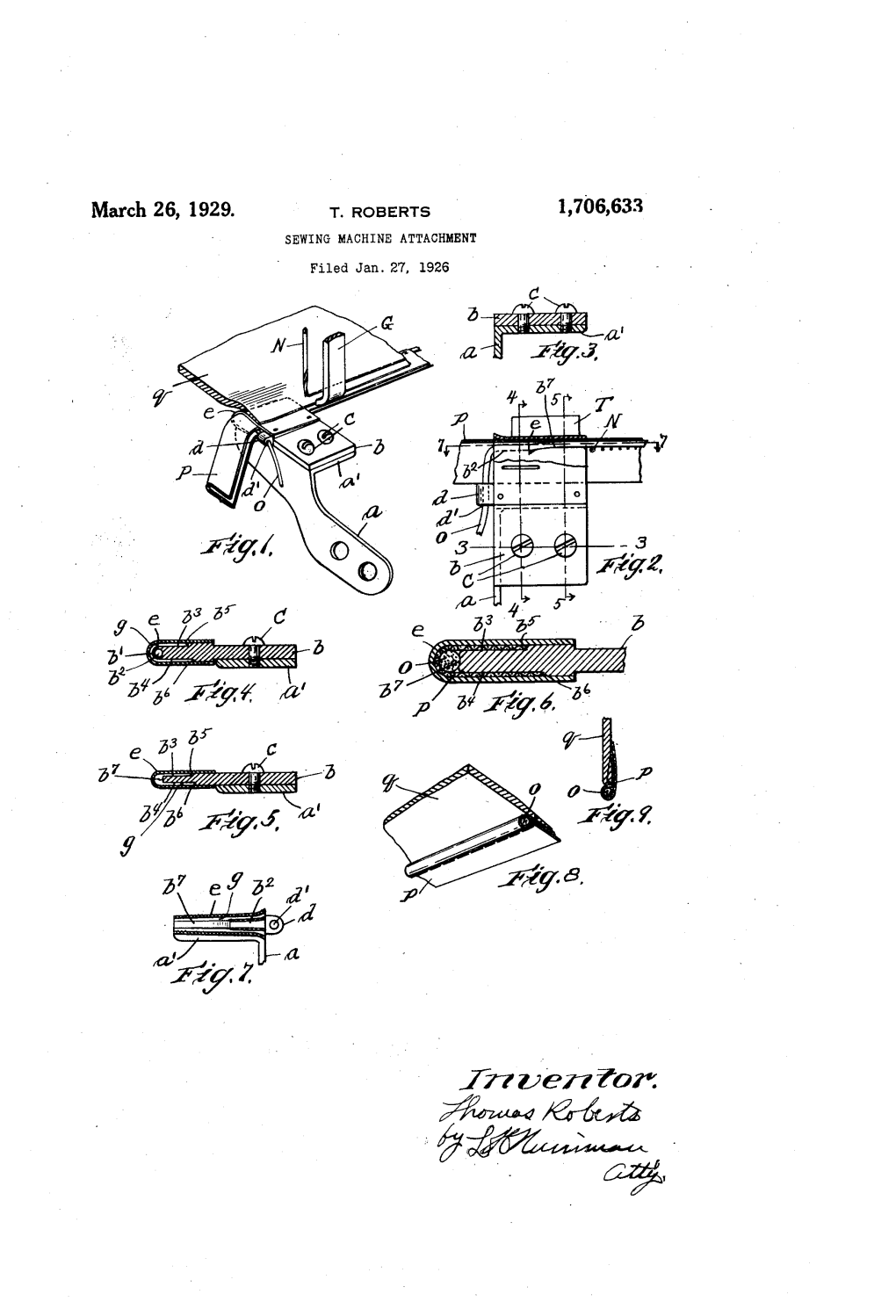 March 26, 1929. T. Roberts 1,706,633 SEWING MACHINE ATTACHMENT Filed Jan