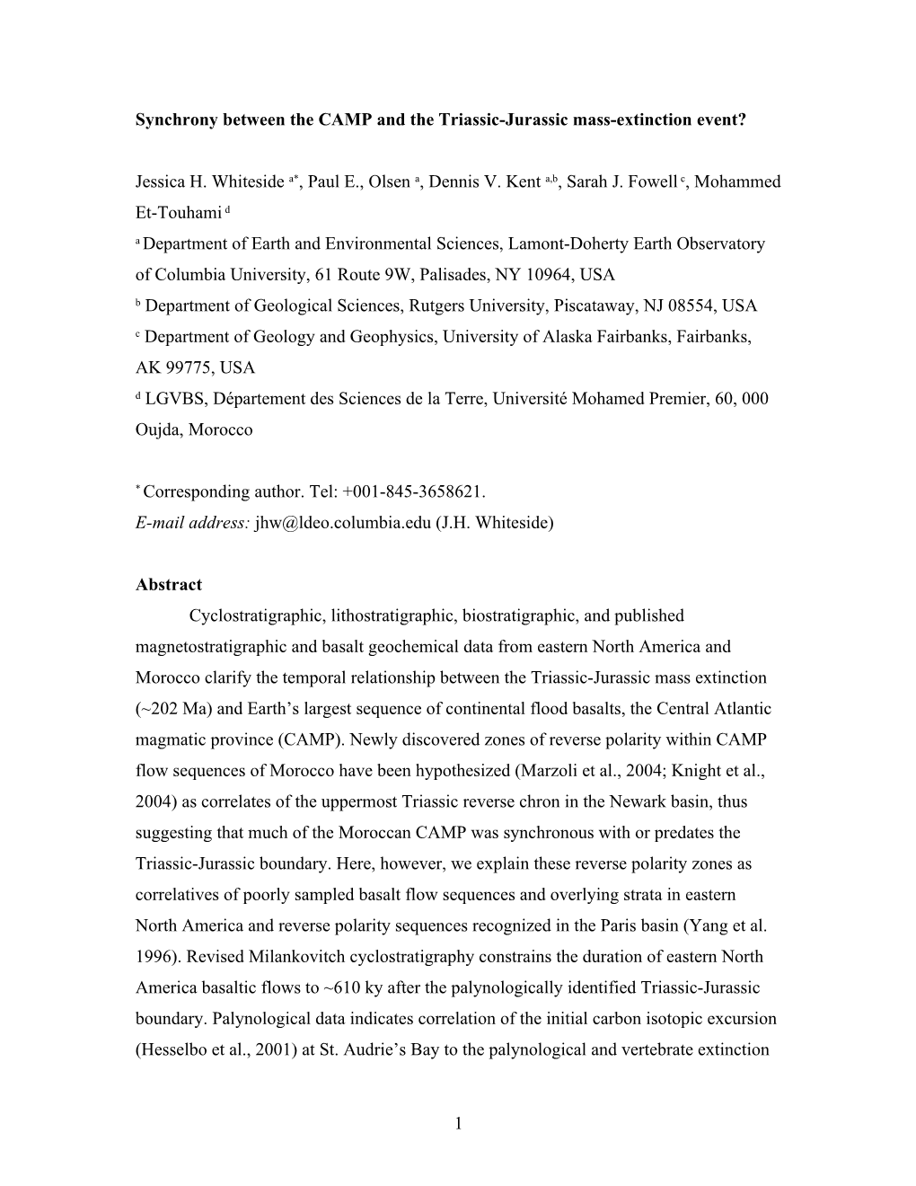 Synchrony Between the CAMP and the Triassic-Jurassic Mass-Extinction Event