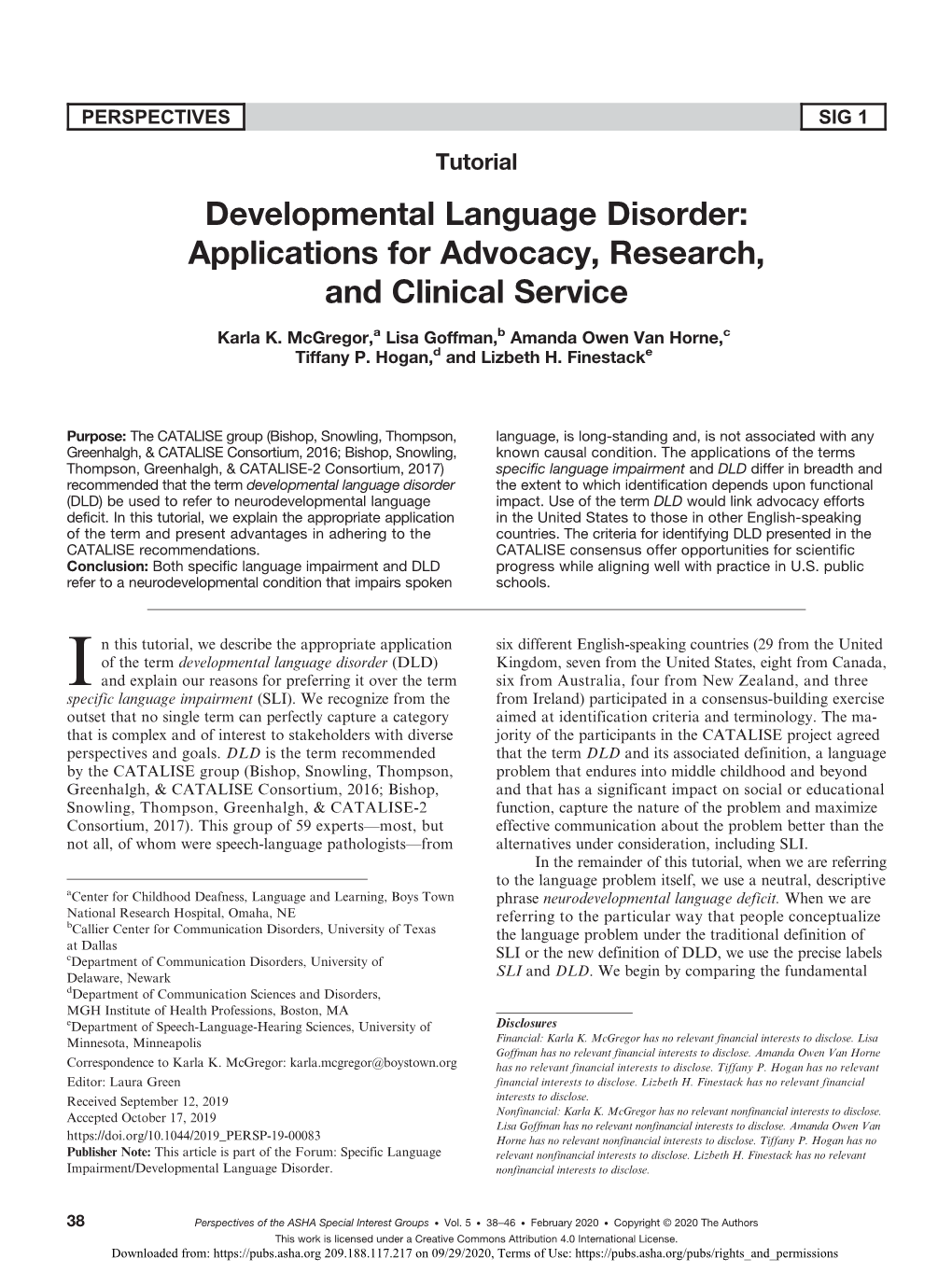 Developmental Language Disorder: Applications for Advocacy, Research, and Clinical Service