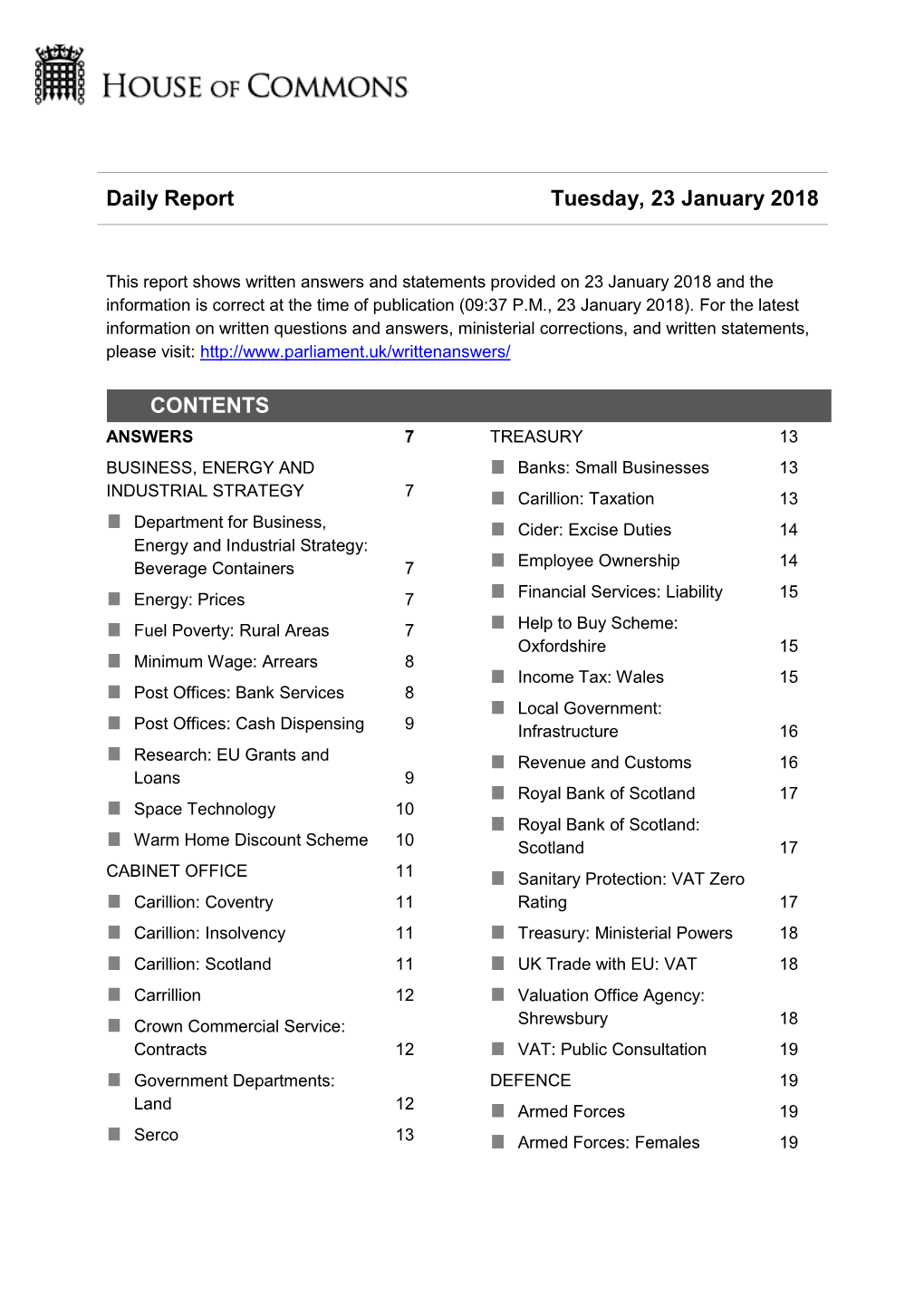 Daily Report Tuesday, 23 January 2018 CONTENTS