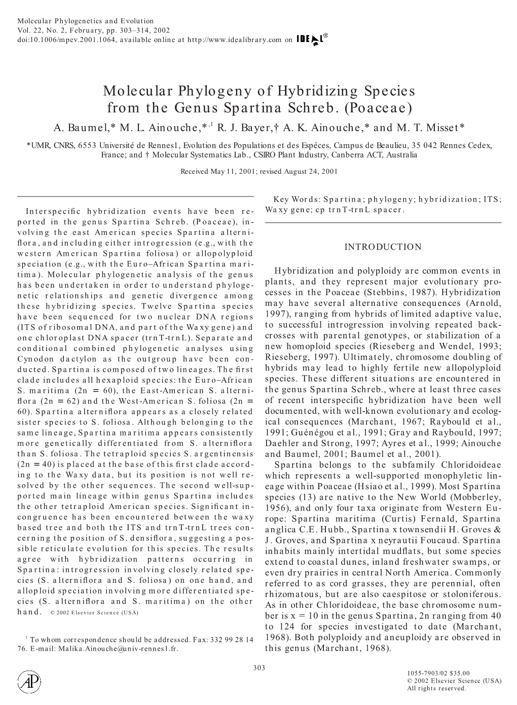 Molecular Phylogeny of Hybridizing Species from the Genus Spartina Schreb