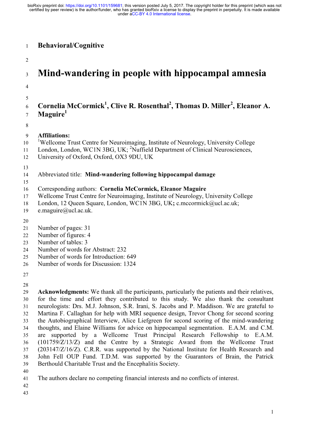 Mind-Wandering in People with Hippocampal Amnesia