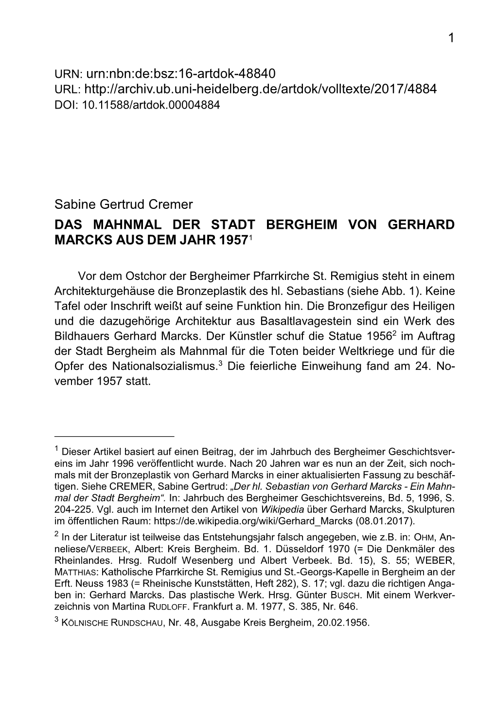 Sabine Gertrud Cremer DAS MAHNMAL DER STADT BERGHEIM VON GERHARD MARCKS AUS DEM JAHR 19571