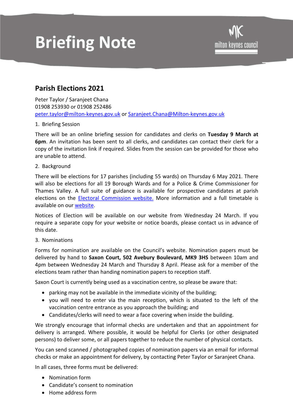 Briefing Note for Parish Elections 2021