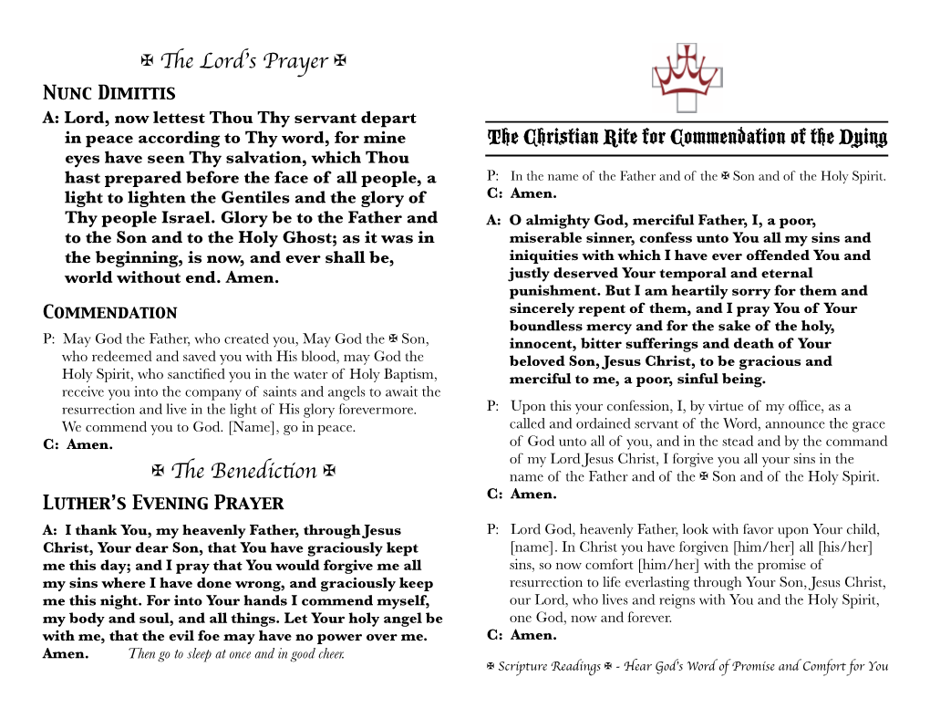 The Lord's Prayer the Benediction the Christian Rite For