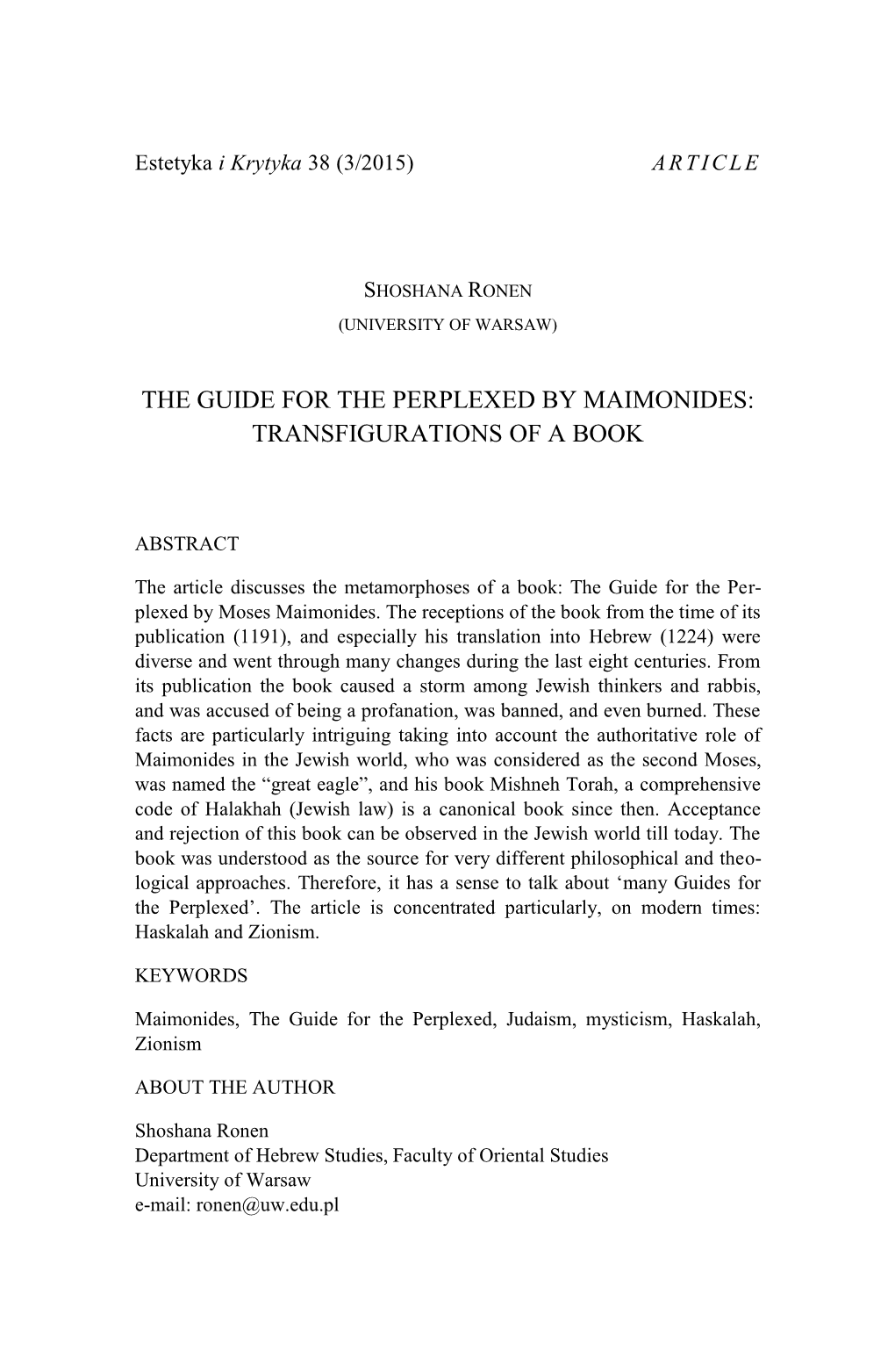 The Guide for the Perplexed by Maimonides: Transfigurations of a Book