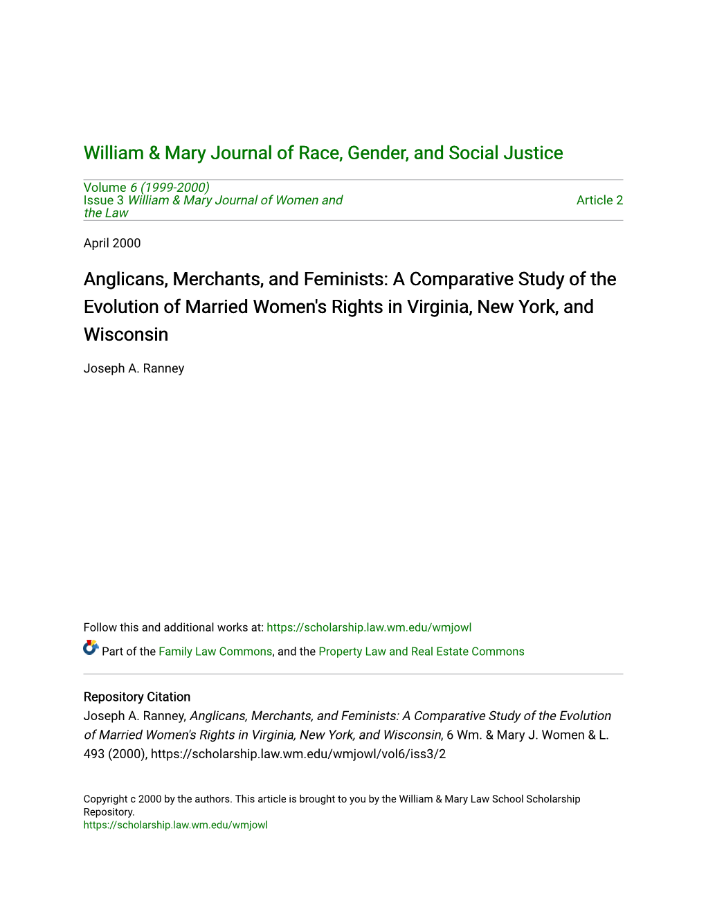 Anglicans, Merchants, and Feminists: a Comparative Study of the Evolution of Married Women's Rights in Virginia, New York, and Wisconsin