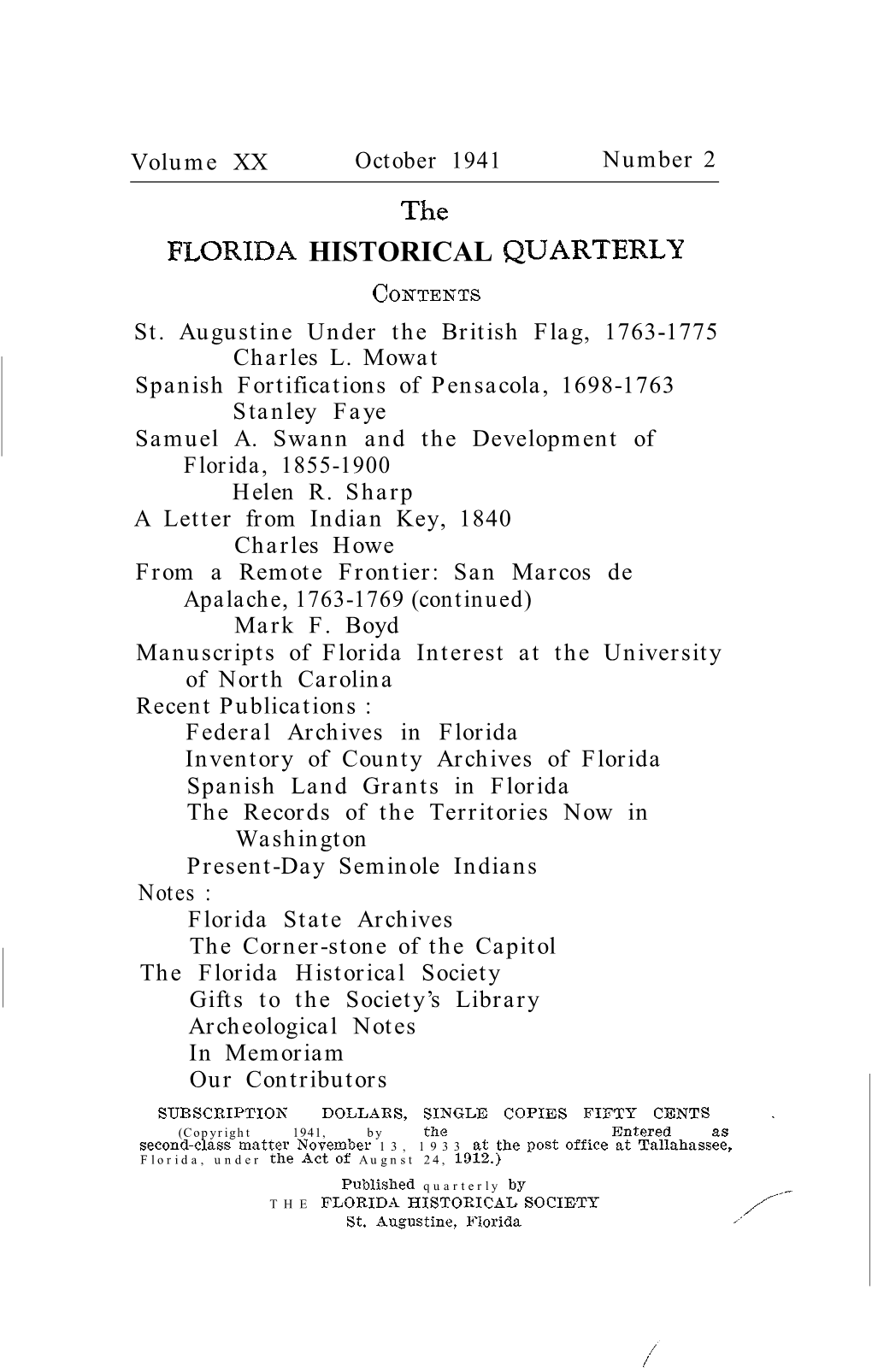 The FLORIDA HISTORICAL QUARTERLY CONTENTS St