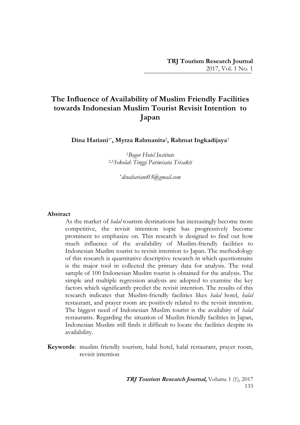 The Influence of Availability of Muslim Friendly Facilities Towards Indonesian Muslim Tourist Revisit Intention to Japan