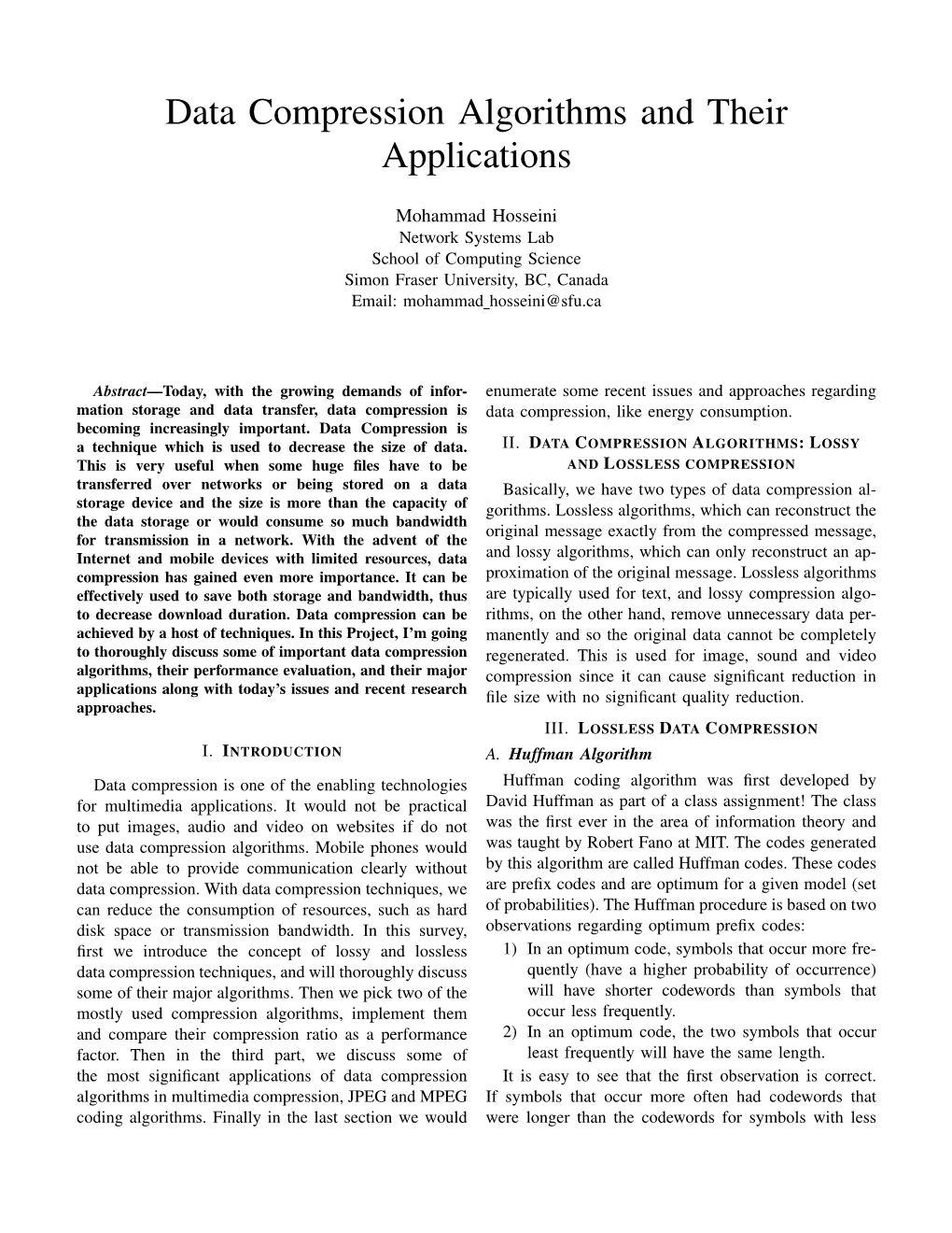 Data Compression Algorithms and Their Applications