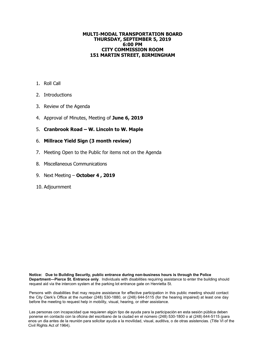 Multi-Modal Transportation Board Thursday, September 5, 2019 6:00 Pm City Commission Room 151 Martin Street, Birmingham